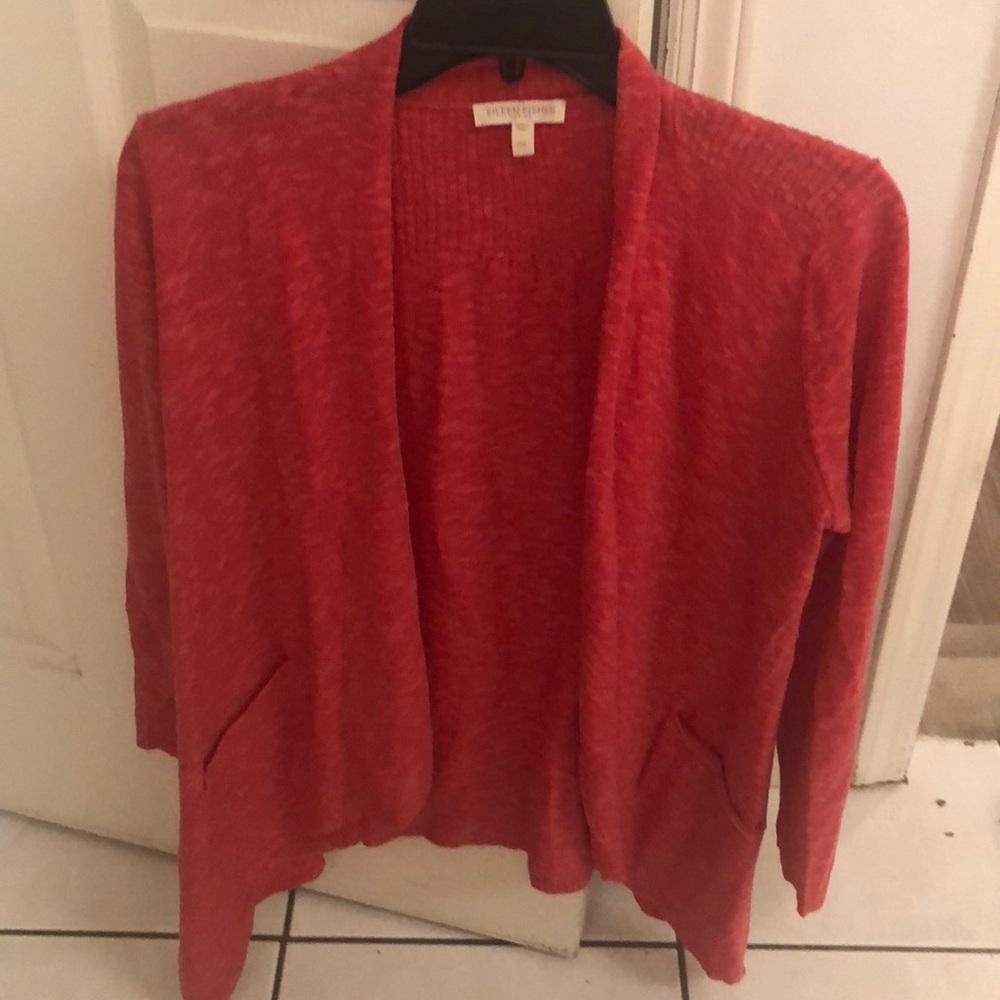 3:$35 Eileen Fischer red/coral open cardigan w/pockets